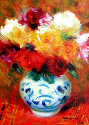 山本彪一「花瓶に生けたバラの花束」油彩